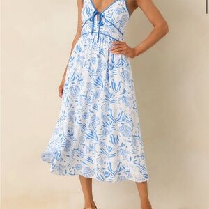 White & Blue Tropical Print Midi Dress